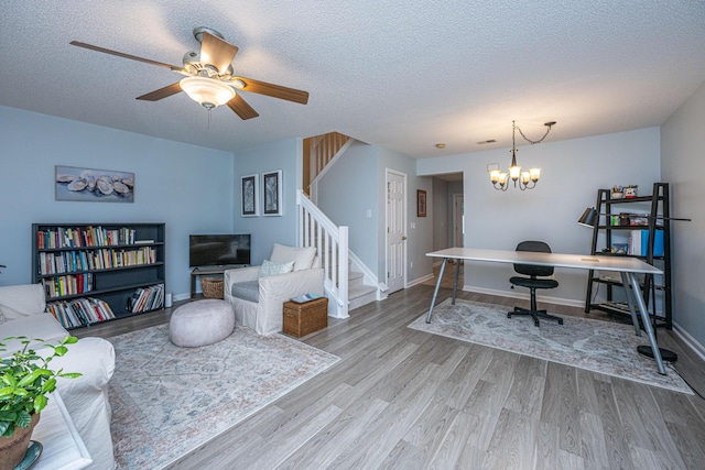 1401 Elm Hall Cir, Summerville, SC 29483 - office featuring wood finished floors, a textured ceiling, a chandelier, baseboards, and ceiling fan