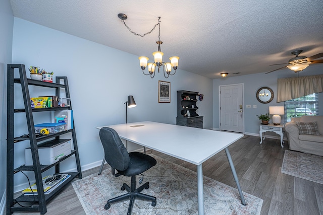 1401 Elm Hall Cir, Summerville, SC 29483 - office with a chandelier, dark wood finished floors, a textured ceiling, baseboards, and a ceiling fan