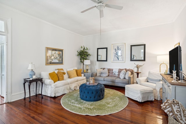 living room with ceiling fan, crown molding, and dark hardwood / wood-style floors