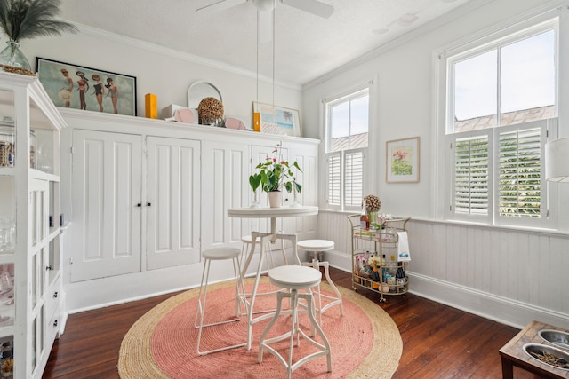 living area featuring ceiling fan, ornamental molding, dark wood-type flooring, and a wealth of natural light