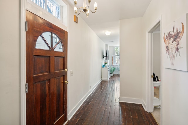 entryway with a chandelier, a healthy amount of sunlight, and dark hardwood / wood-style floors