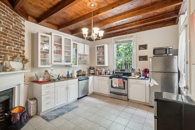 kitchen with pendant lighting, white cabinetry, appliances with stainless steel finishes, beam ceiling, and wood ceiling