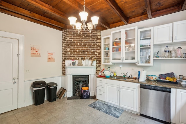 kitchen with sink, stainless steel dishwasher, beamed ceiling, white cabinetry, and wood ceiling