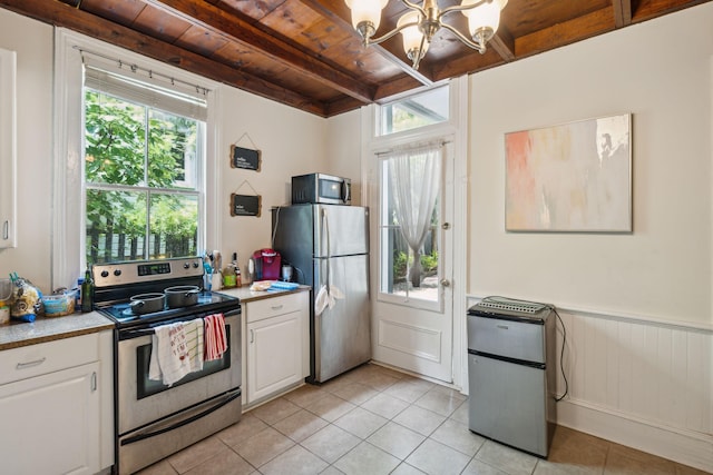 kitchen with a chandelier, white cabinetry, wooden ceiling, and appliances with stainless steel finishes