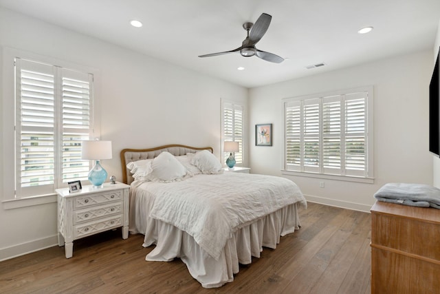 bedroom featuring wood-type flooring and ceiling fan