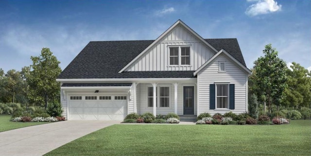 view of front of property featuring board and batten siding, concrete driveway, an attached garage, and a front lawn