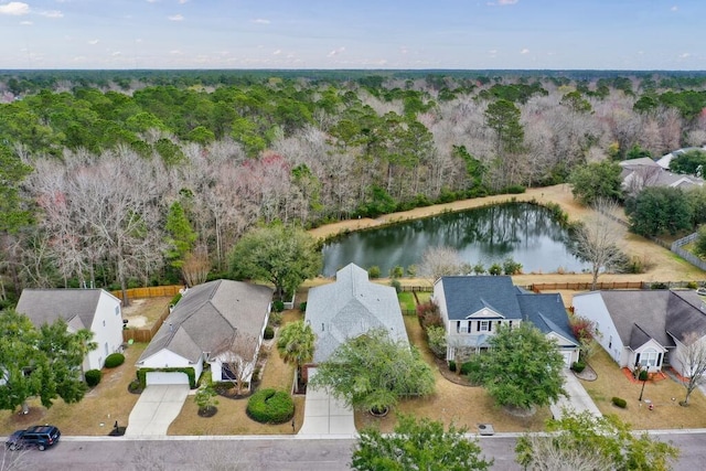 bird's eye view featuring a forest view, a water view, and a residential view