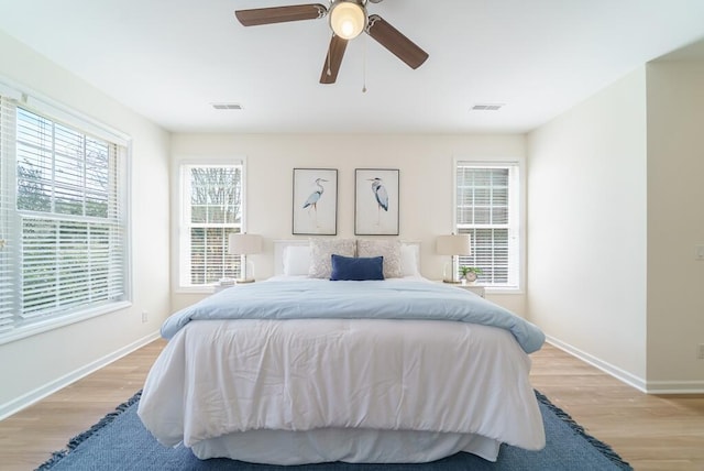 bedroom featuring light wood-type flooring, visible vents, and baseboards