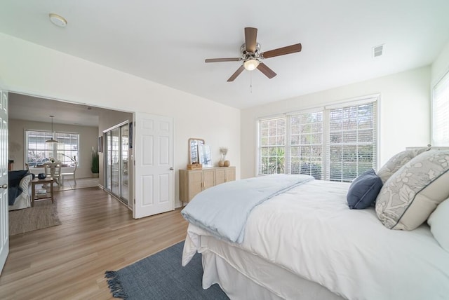 bedroom with visible vents and light wood-style flooring