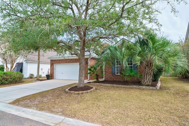 obstructed view of property with a garage, driveway, brick siding, and a front lawn