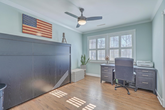 office area with ceiling fan, light hardwood / wood-style flooring, and ornamental molding