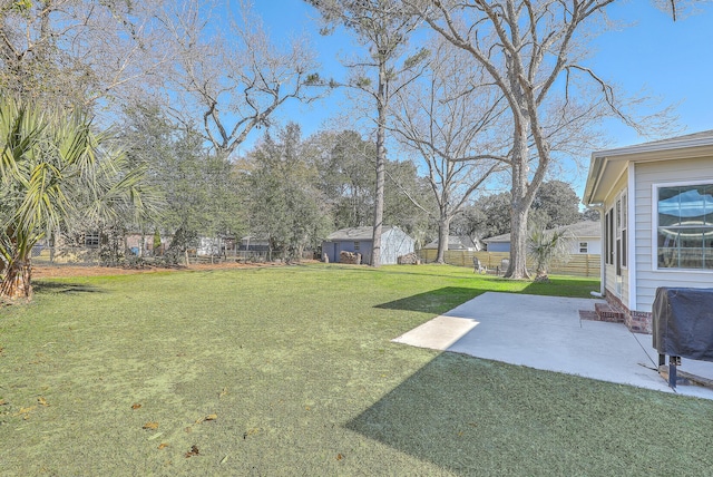 view of yard featuring a patio and a storage unit