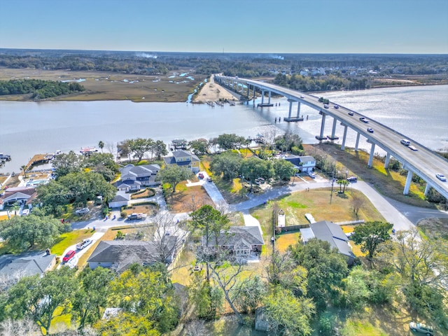 drone / aerial view with a water view