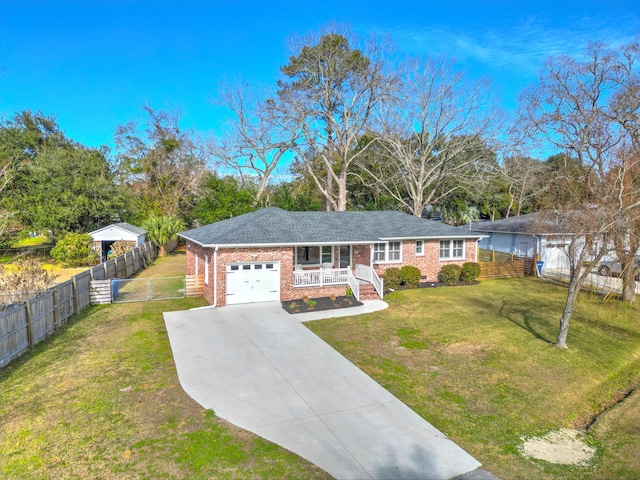 ranch-style house with a front yard, a porch, and a garage