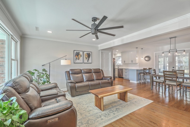 living room with light hardwood / wood-style flooring, ceiling fan, and ornamental molding