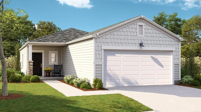 ranch-style house featuring a garage, driveway, and a front lawn