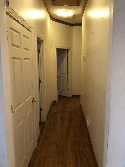 corridor featuring a high ceiling and dark wood-type flooring