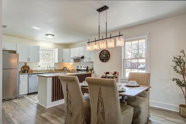 dining area with baseboards and wood finished floors