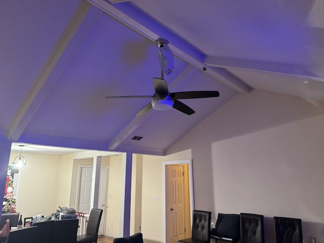 cinema room featuring lofted ceiling with beams, ceiling fan, and visible vents