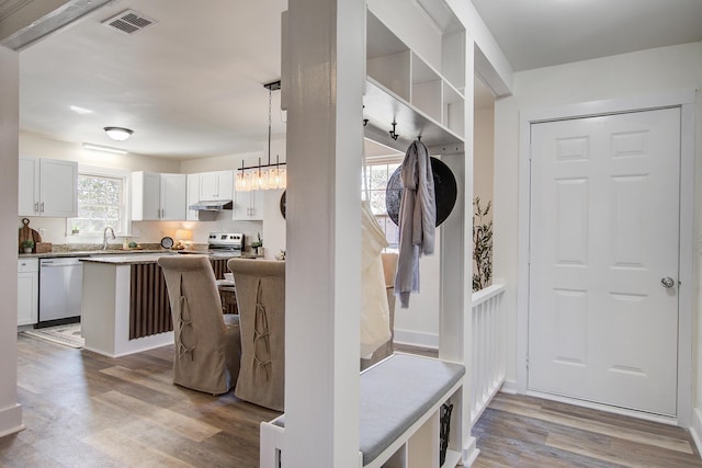 mudroom with a sink, wood finished floors, visible vents, and baseboards