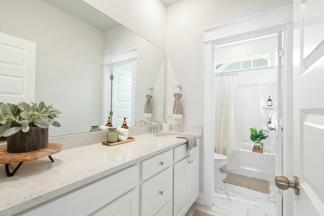 full bathroom featuring vanity, toilet, and shower / bath combo with shower curtain