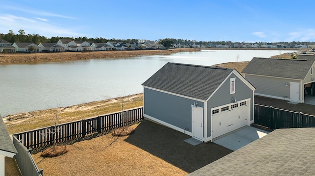 bird's eye view with a water view