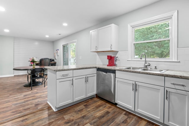 kitchen with dark wood-type flooring, sink, stainless steel dishwasher, white cabinetry, and kitchen peninsula