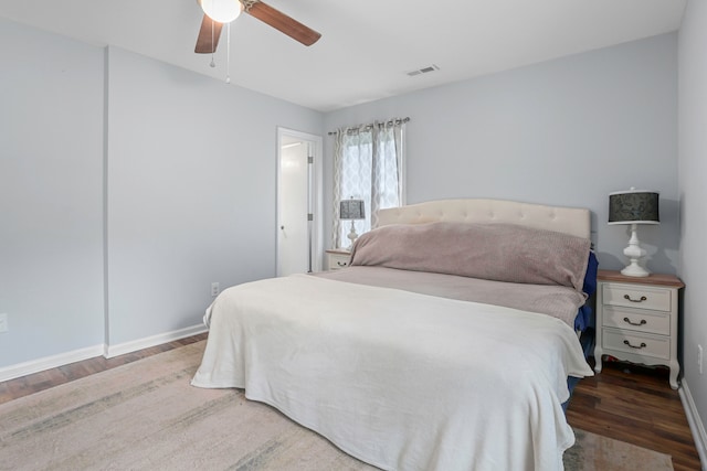 bedroom featuring ceiling fan and dark wood-type flooring