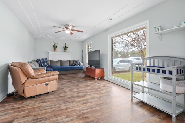 living room with hardwood / wood-style flooring and ceiling fan