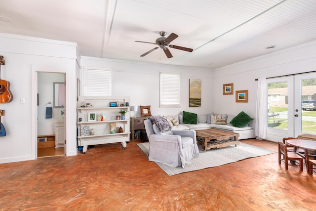 living room featuring french doors, concrete flooring, and ceiling fan