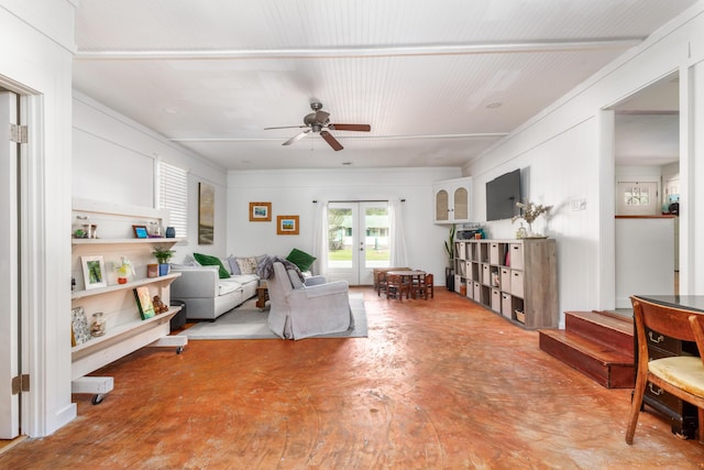 living room featuring french doors, concrete flooring, and ceiling fan