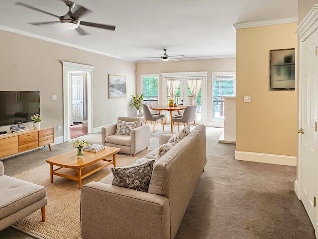 1514 Reevesville Rd, Bowman, SC 29018 - carpeted living room with a ceiling fan, ornamental molding, and baseboards