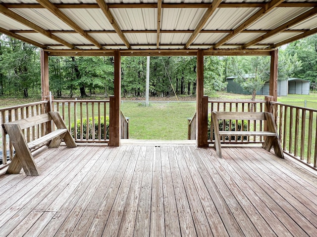 1514 Reevesville Rd, Bowman, SC 29018 - wooden terrace featuring view of wooded area and a lawn