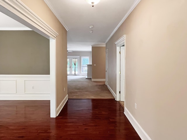 1514 Reevesville Rd, Bowman, SC 29018 - hallway featuring crown molding, wood finished floors, french doors, and baseboards