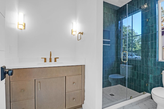 bathroom with vanity, toilet, and an enclosed shower