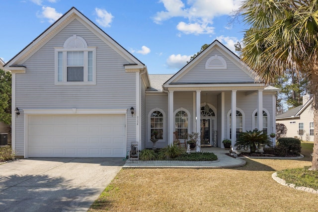 greek revival house with concrete driveway, cooling unit, a garage, and a front lawn