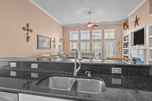 kitchen with a sink, dishwasher, a ceiling fan, and crown molding