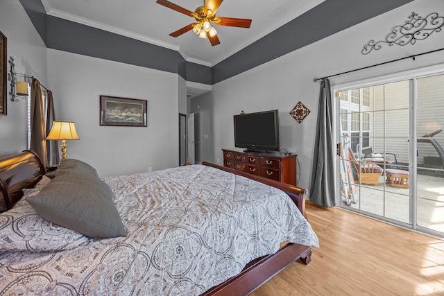 bedroom with wood finished floors, ornamental molding, a ceiling fan, and access to outside