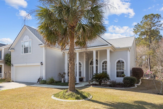 view of front of house with driveway, roof with shingles, covered porch, a front yard, and a garage