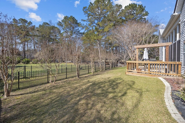 view of yard with fence and a wooden deck