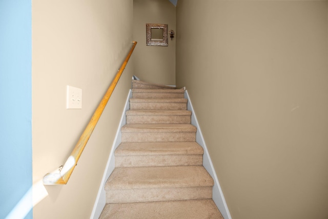 stairs with baseboards and carpet