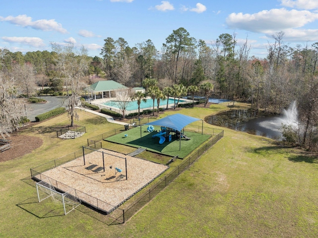 drone / aerial view with a water view