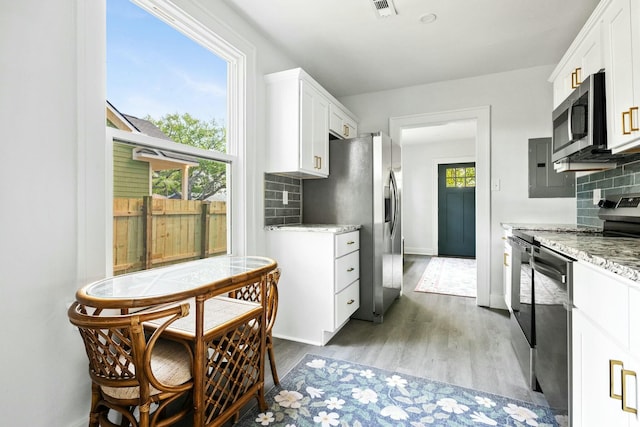 kitchen featuring white cabinetry, wood finished floors, a wealth of natural light, and stainless steel appliances
