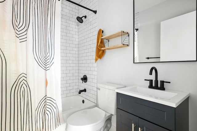 full bathroom featuring shower / bathtub combination with curtain, vanity, and toilet