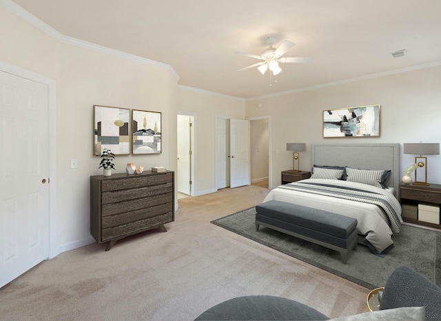 bedroom featuring ceiling fan, ornamental molding, and light colored carpet