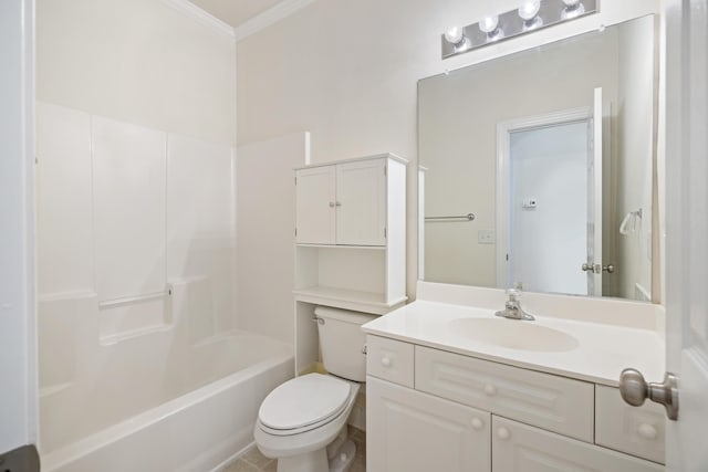 full bathroom featuring toilet, tub / shower combination, ornamental molding, and vanity