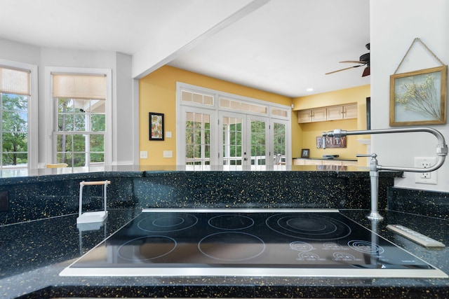 room details with dark stone countertops and french doors