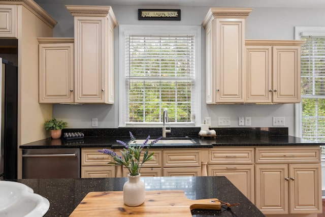 kitchen with dark stone counters and plenty of natural light