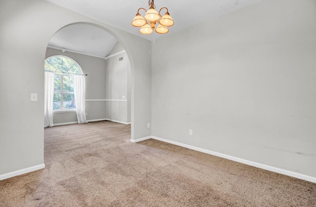 434 Antebellum Ln, Mount Pleasant, SC 29464 - carpeted spare room featuring arched walkways, lofted ceiling, baseboards, and a chandelier