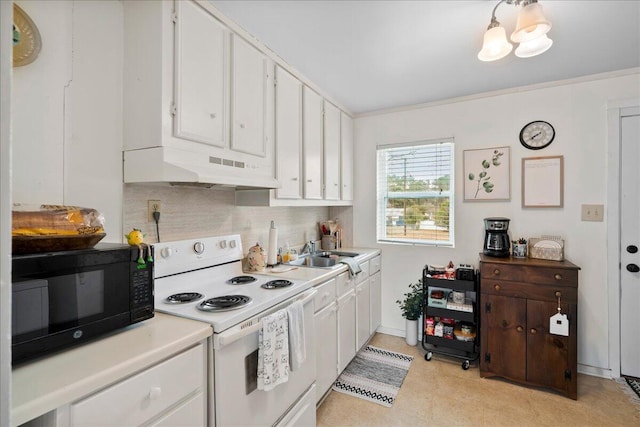 kitchen featuring white cabinetry, light countertops, under cabinet range hood, white electric stove, and black microwave